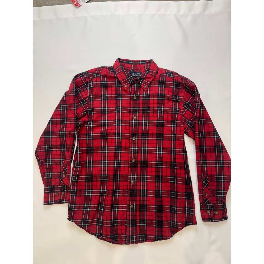 The Childrens Place Plaid Shirt Kids L 10/12 Red Excellent Long Sleeve Button Up
